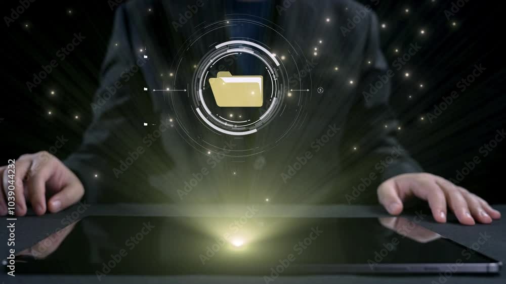 Poster business person managing online documents folders for efficient work processes. ensure secure and qu