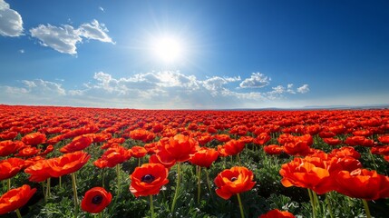 Obraz premium Vibrant Red Flowers Blooming in a Field Under a Sunny Sky