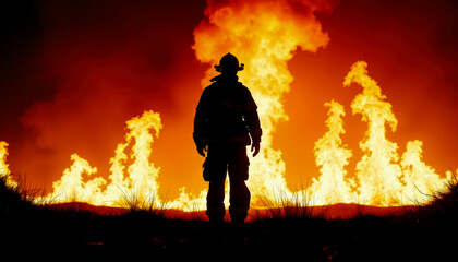 Fototapeta premium Silhouette of a brave firefighter against a raging fire, demonstrating courage and dedication. Perfect for themes of bravery, emergency response, and heroic action in dangerous situations.