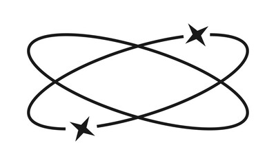 Crossed oval shapes with twinkle icons. Trendy y2k decorative element. Boho vintage ornament. Cosmic symbol. Vector outline illustration.