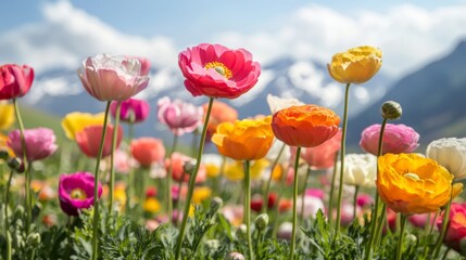 Obraz premium Vibrant Ranunculus Flowers Blooming in a Field with a Mountainous Background