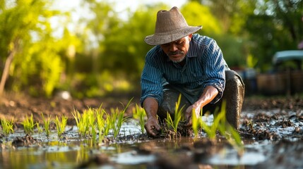 Farmer Planting Rice Seedlings in Mud and Water