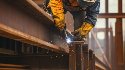A detailed close-up of a construction worker welding steel beams at a high-rise construction site, Welding operation scene, Industrial craftsmanship style