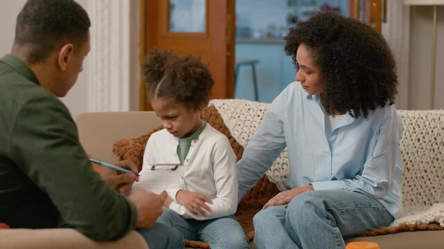 African American mother daughter together visit psychologist social worker bad relationship adolescence child little girl arms crossed get up leave problems quarrel conflict misunderstanding ignorance