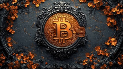 Detailed Bitcoin logo embossed on a circular metallic frame, surrounded by ornate orange floral designs