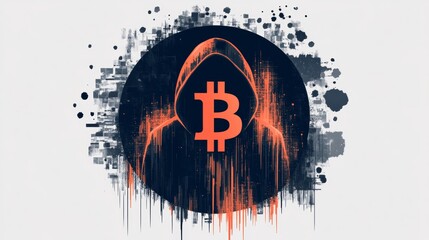 Digital art piece featuring a hooded figure with an orange Bitcoin symbol over abstract digital patterns