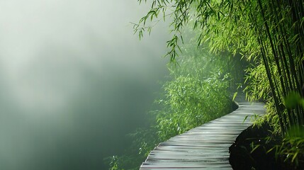   A pathway flanked by two tall bamboo trees