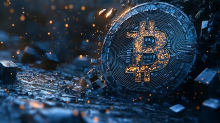 Digital Bitcoin symbol surrounded by glowing particles and a futuristic, fragmented landscape with a dark theme