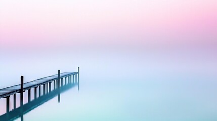Naklejka premium A pier stretching down the center of a tranquil body of water, framed by a stunning pink and blue sky overhead