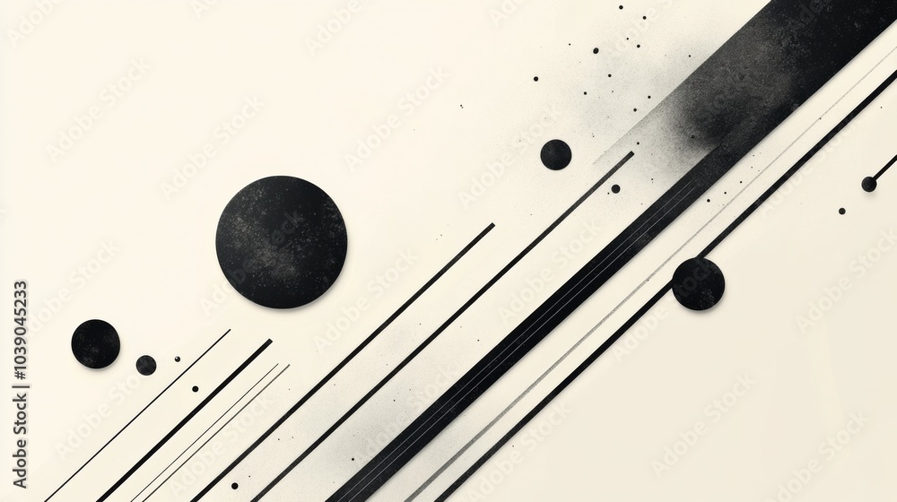 Fototapete Black diagonal lines intersect a light, neutral backdrop, accompanied by circles of different sizes enhancing the composition. Generative AI
