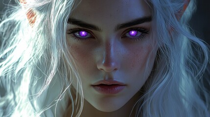 Fantasy character with long white hair, glowing purple eyes, and a serious expression against a dark background