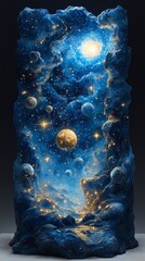 Fantastical cosmic scene with swirling stars, glowing planets, and celestial formations creating a mystical, dreamlike atmosphere