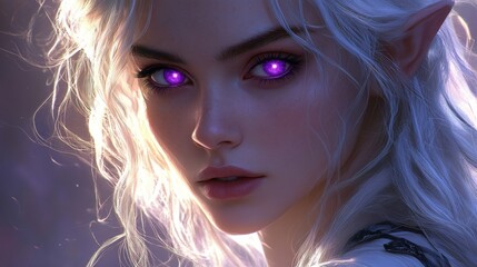 Fantasy character with luminous purple eyes, pale skin, pointed ears, and flowing white hair, gazing intently