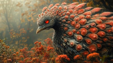 Fantastical creature with vibrant, textured scales and glowing eyes stands amidst a misty, autumnal landscape with red foliage