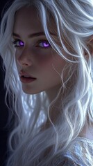 Fantasy-inspired character with striking purple eyes, long white hair, and a mysterious, ethereal appearance