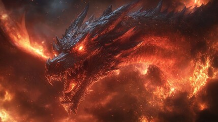 Fierce dragon with glowing eyes breathes fire amidst swirling smoke and embers, creating a dramatic and fiery scene