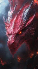 Fierce red dragon with glowing eyes emerges from flames and smoke, surrounded by a dramatic, fiery atmosphere