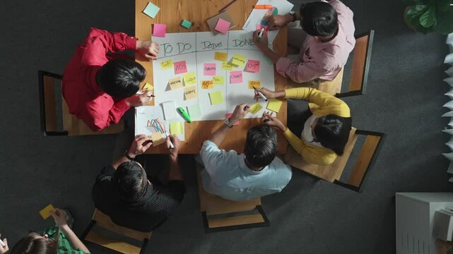 Time lapse of people writing and making scrum task board while writing marketing and planning strategy at colorful sticky notes. Smart team manage work performance by using kanaban board. Convocation.