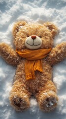 Fluffy teddy bear wearing an orange scarf is lying on its back in the snow, looking cheerful and cozy