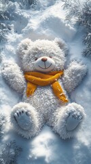 Fluffy teddy bear with a yellow scarf is lying on its back in the snow surrounded by frosted branches