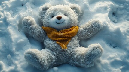Fluffy teddy bear with a yellow scarf is lying on its back in the snow, looking cheerful and cute