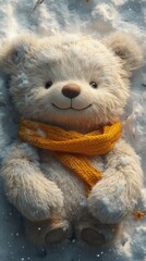 Fluffy teddy bear with a yellow scarf lies in the snow, surrounded by a few small snowflakes and leaves