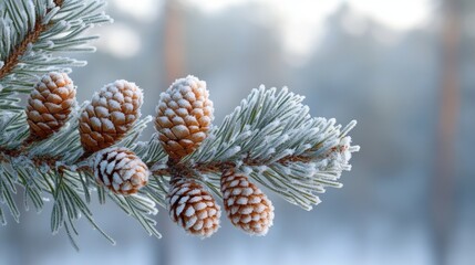 Frosted pine branch with several pinecones covered in snow, set against a blurred, wintry forest background