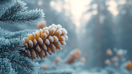 Frosty pine cone hangs amidst snow-dusted evergreen branches, with a blurred winter forest softly visible in the background