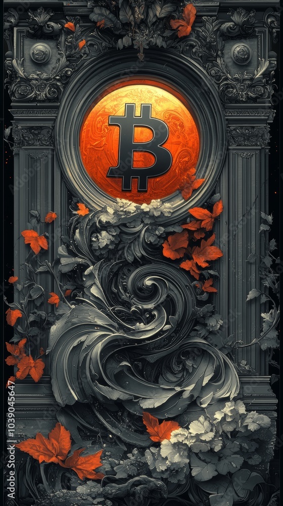 Poster glowing bitcoin symbol is centered on an ornate background with swirling patterns and orange leaves 