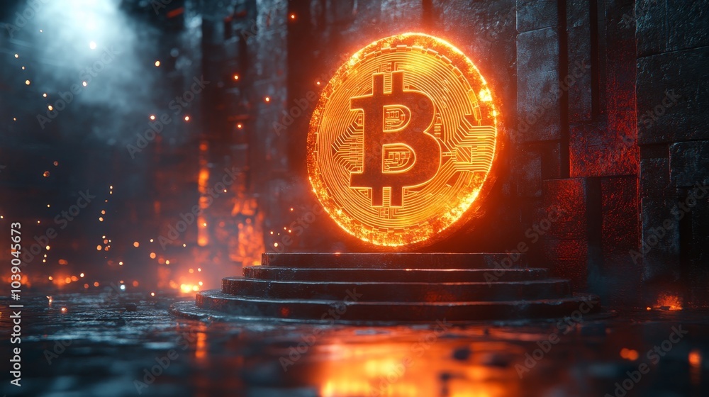 Poster glowing bitcoin symbol rests on a pedestal in a dark, atmospheric setting with sparks and fog around