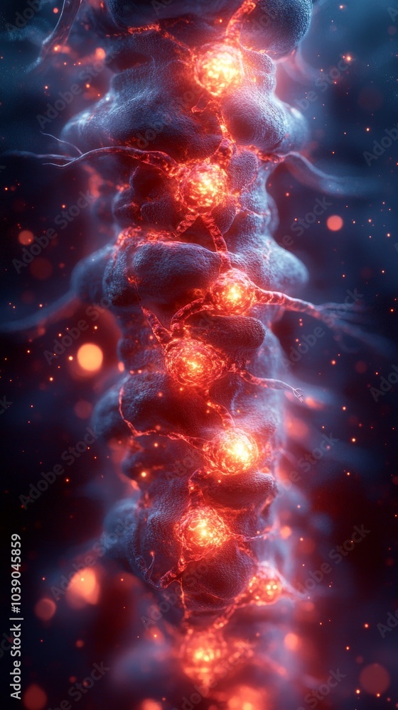 Poster glowing, abstract representation of a spinal column with vibrant red and orange light emanating from