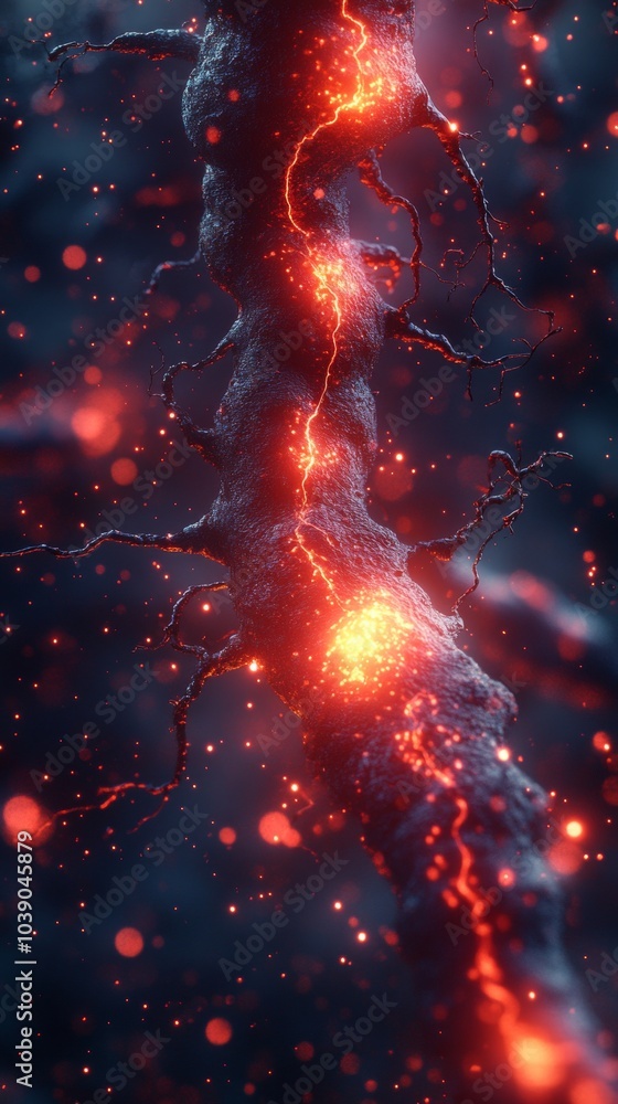 Poster glowing, electrifying neural network or root-like structure with vibrant orange and red lights spark