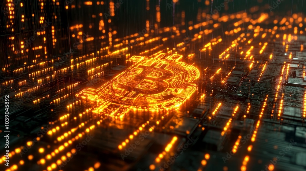 Poster glowing, digital bitcoin symbol surrounded by illuminated lines and circuitry, representing blockcha