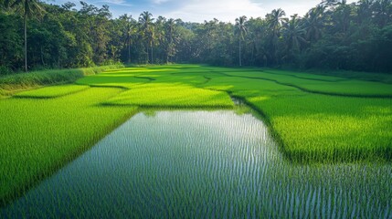 Obraz premium Lush Green Rice Paddy Fields with Palm Trees and a Reflecting Pond