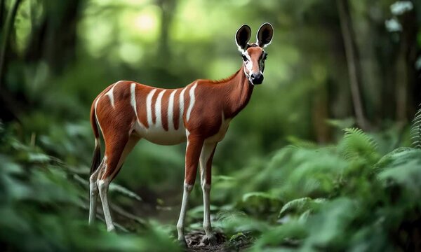 Discover the beauty of the okapi, a rare forest dwelling animal, depicted against a vibrant green backdrop, showcasing its unique stripes and majestic presence.