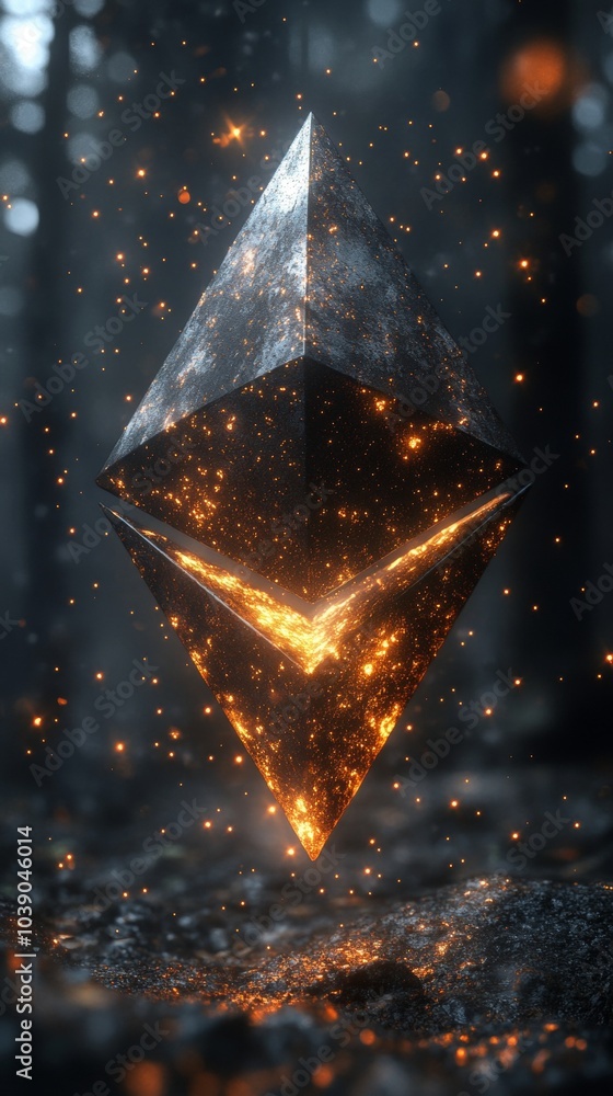 Poster glowing, triangular, metallic object floating in a dark forest, surrounded by small, bright sparks
