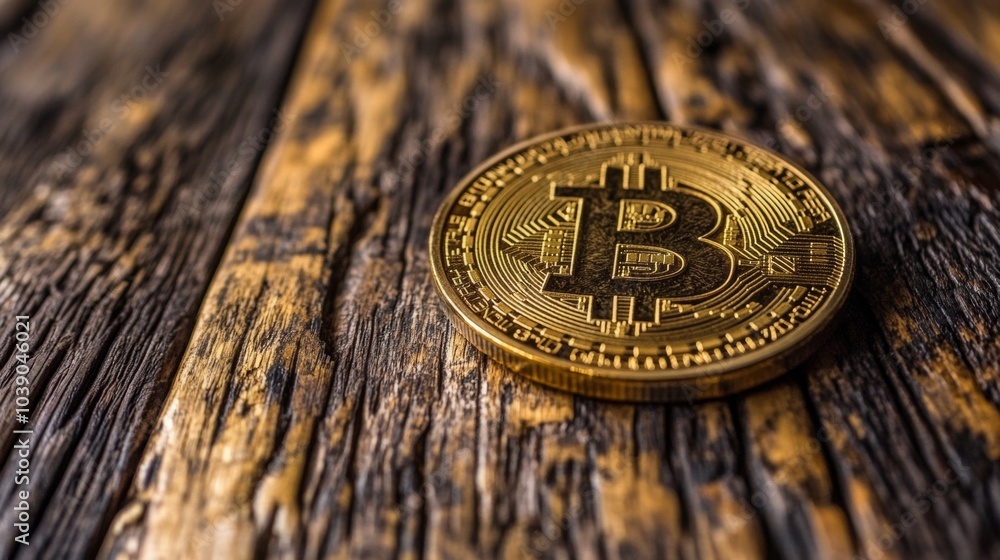 Poster gold bitcoin coin rests on a textured wooden surface, displaying intricate circuit patterns, symboli
