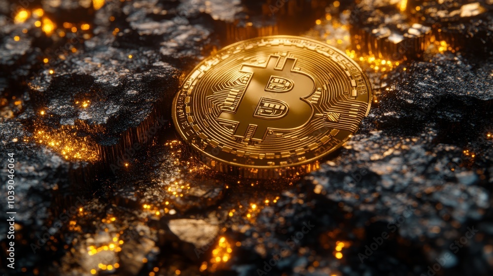 Poster golden bitcoin coin resting on a surface with glowing, molten-like texture and dark metallic element