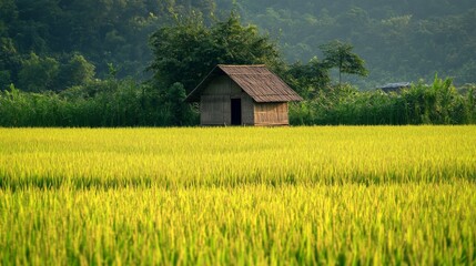 Obraz premium Small Wooden Hut in a Field of Golden Rice
