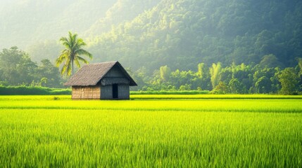 Fototapeta premium A Small Hut in a Lush Green Paddy Field with a Palm Tree and a Misty Mountain Background