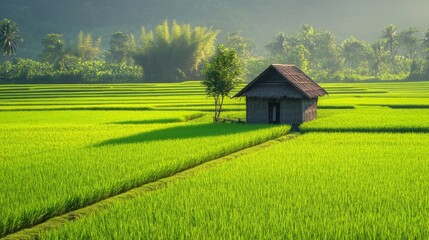 A Rustic Hut Nestled in Verdant Rice Paddy Fields