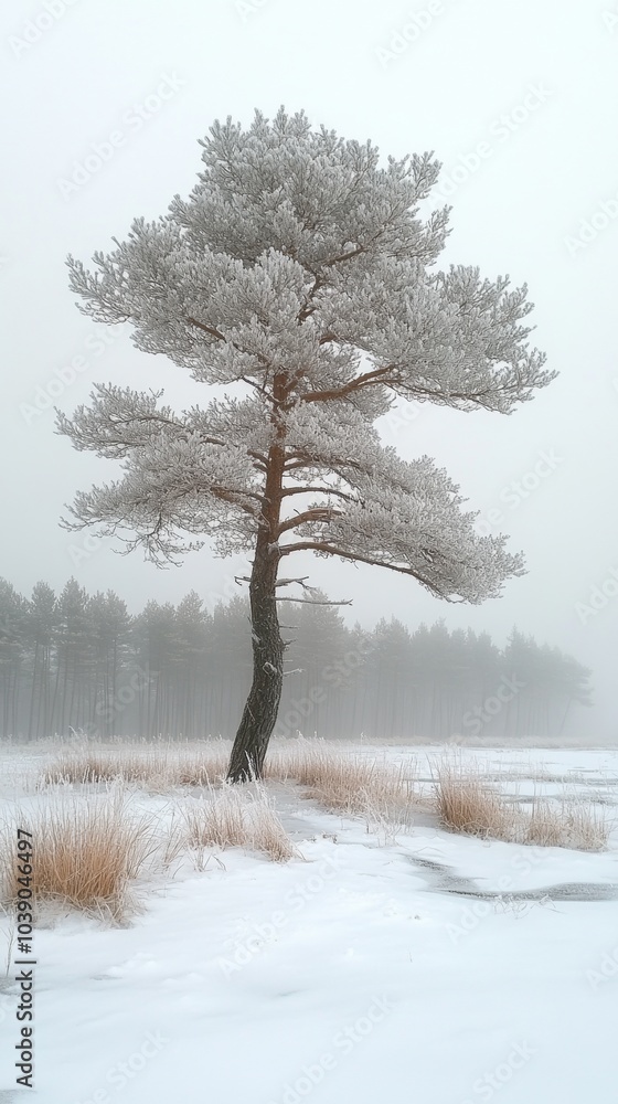 Poster lone tree stands covered in frost and snow, surrounded by a misty landscape with distant trees and s