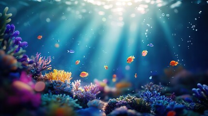 Fototapeta premium An image of a vibrant coral reef filled with schools of colorful fish, illuminated by golden rays of sunlight filtering through the crystal-clear water