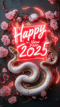 A neon sign with a snake and pink flowers that says Happy New Year 2025