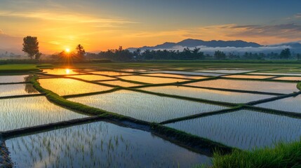 Obraz premium Sunlit Rice Paddies with Mountain Background at Sunrise