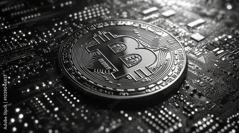 Poster metallic bitcoin symbol on an intricate circuit board, representing digital currency and blockchain 