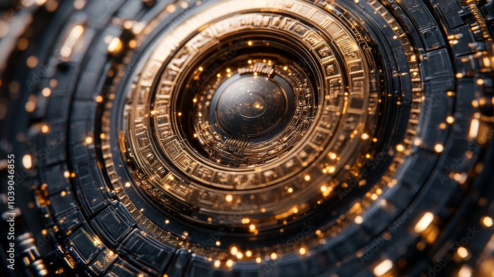 Poster mesmerizing, circular, futuristic structure with intricate gold and black patterns, illuminated by g