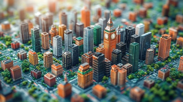 Miniature cityscape with numerous colorful skyscrapers, including a clock tower resembling Big Ben, surrounded by trees