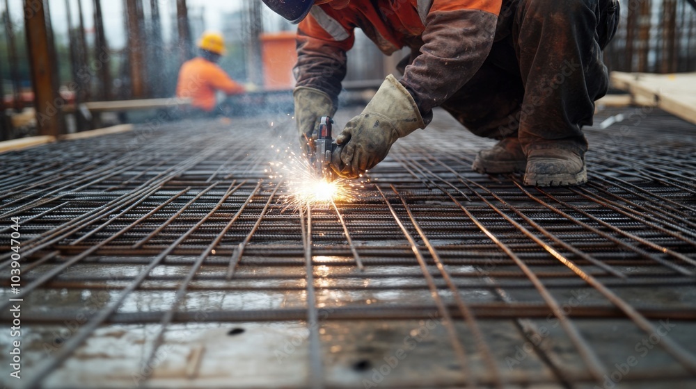 Poster A detailed close-up of construction workers welding reinforcement bars for a stadium seating structure under construction, Stadium seating welding scene, Sports venue construction style