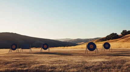 A tranquil outdoor archery range with targets set up against a backdrop of rolling hills and a clear sky, early morning light casting soft shadows, Minimalist style
